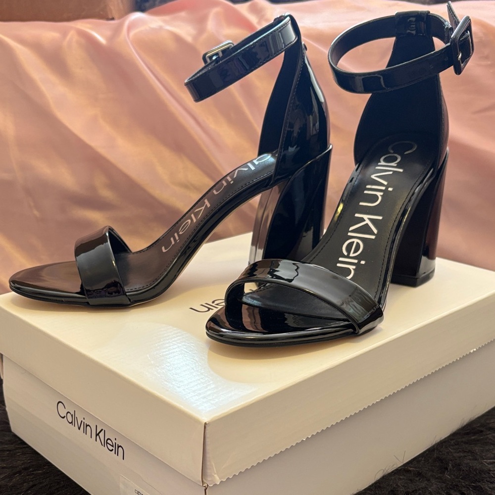 Calvin Klein black patent leather Heeled Sandals with ankle strap